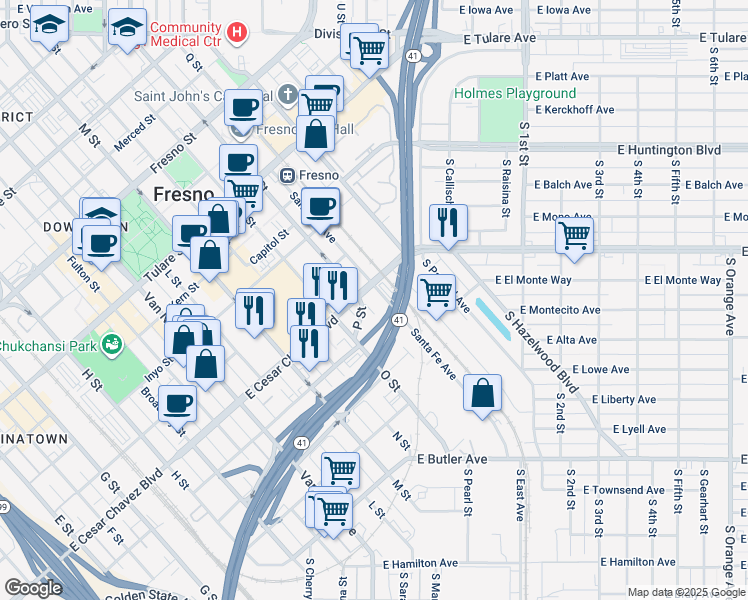 map of restaurants, bars, coffee shops, grocery stores, and more near 523 P Street in Fresno