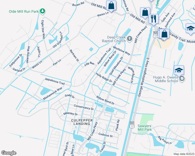 map of restaurants, bars, coffee shops, grocery stores, and more near 657 Willow Bend Drive in Chesapeake