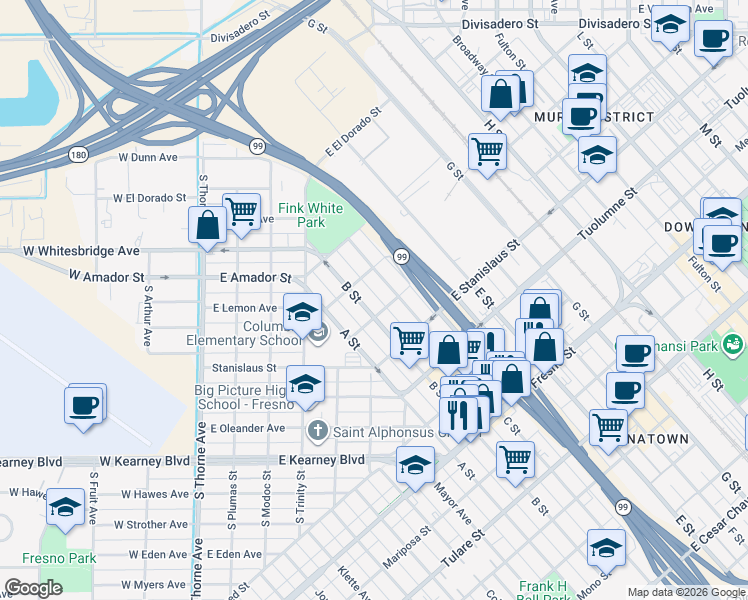 map of restaurants, bars, coffee shops, grocery stores, and more near 1614 B Street in Fresno