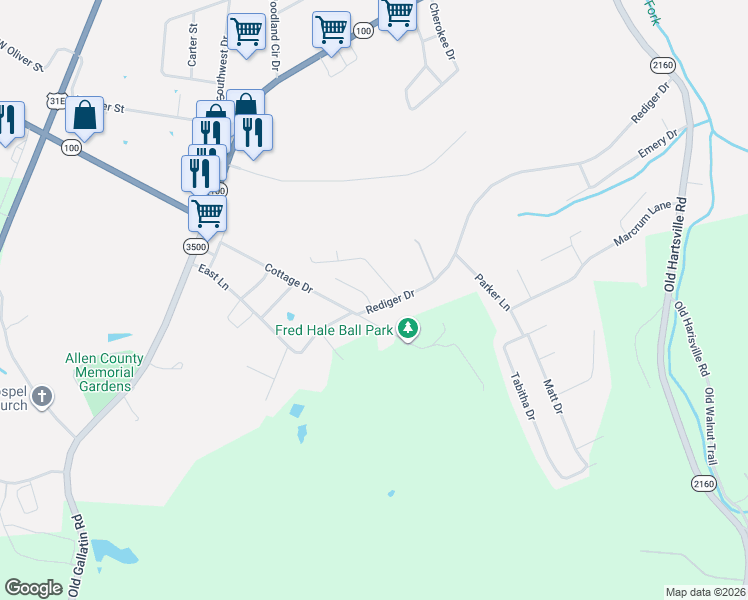map of restaurants, bars, coffee shops, grocery stores, and more near 400-424 Cottage Drive in Scottsville