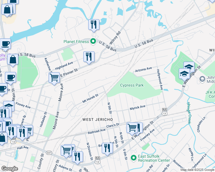 map of restaurants, bars, coffee shops, grocery stores, and more near 400 North 5th Street in Suffolk