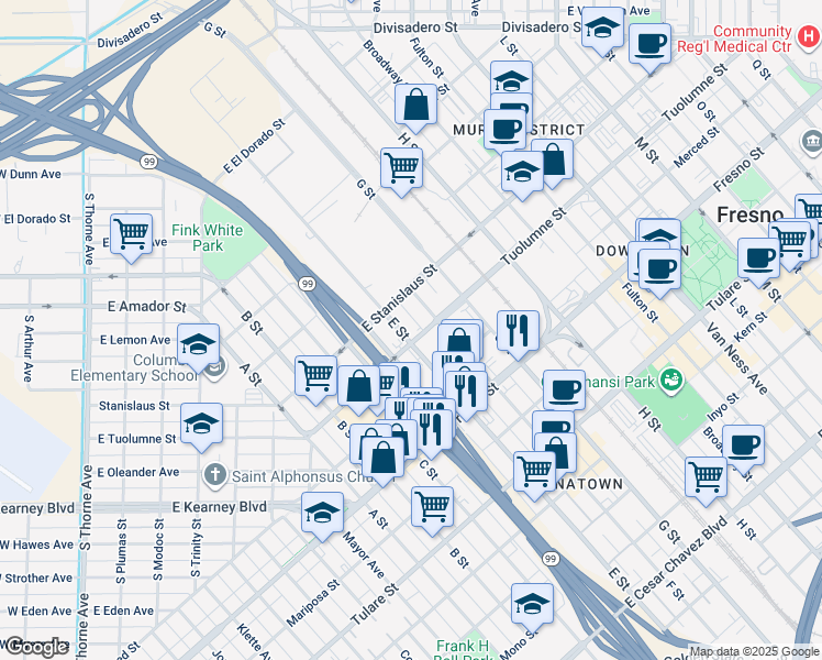 map of restaurants, bars, coffee shops, grocery stores, and more near 1352-1398 Tuolumne Street in Fresno