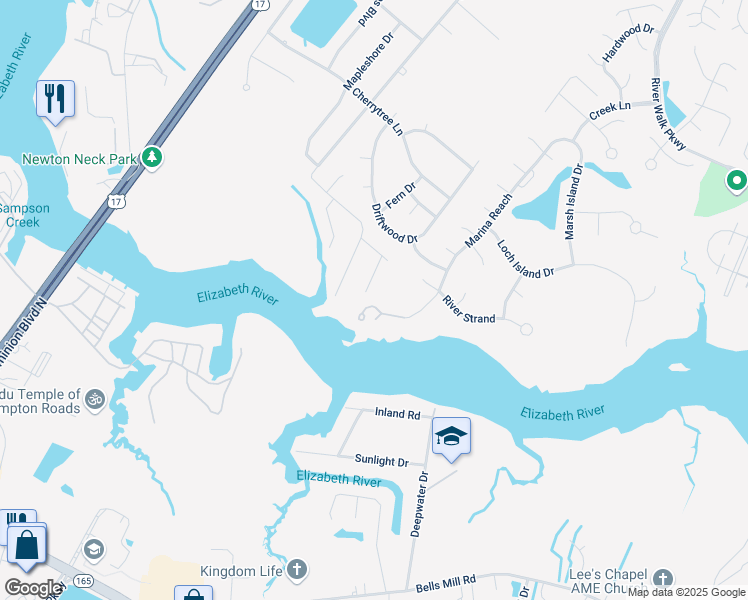 map of restaurants, bars, coffee shops, grocery stores, and more near 118 Marina Reach in Chesapeake
