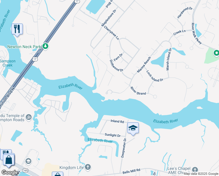 map of restaurants, bars, coffee shops, grocery stores, and more near 116 Marina Reach in Chesapeake