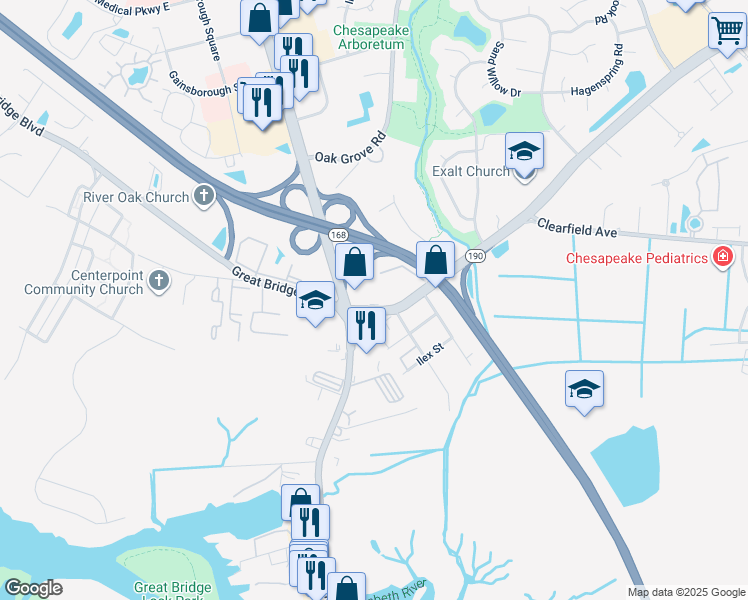 map of restaurants, bars, coffee shops, grocery stores, and more near 115 Kempsville Road in Chesapeake
