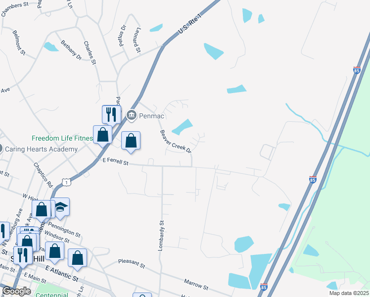 map of restaurants, bars, coffee shops, grocery stores, and more near 262 Beaver Creek Drive in South Hill
