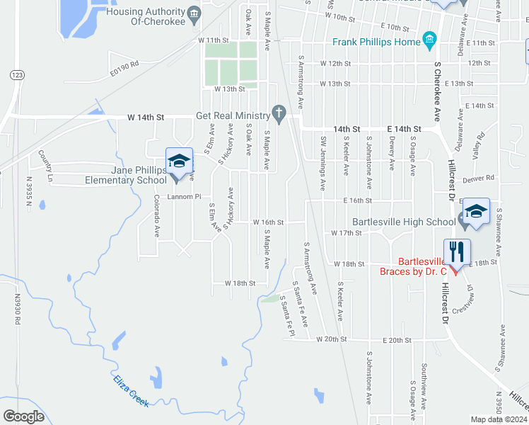 map of restaurants, bars, coffee shops, grocery stores, and more near 1555 South Maple Avenue in Bartlesville