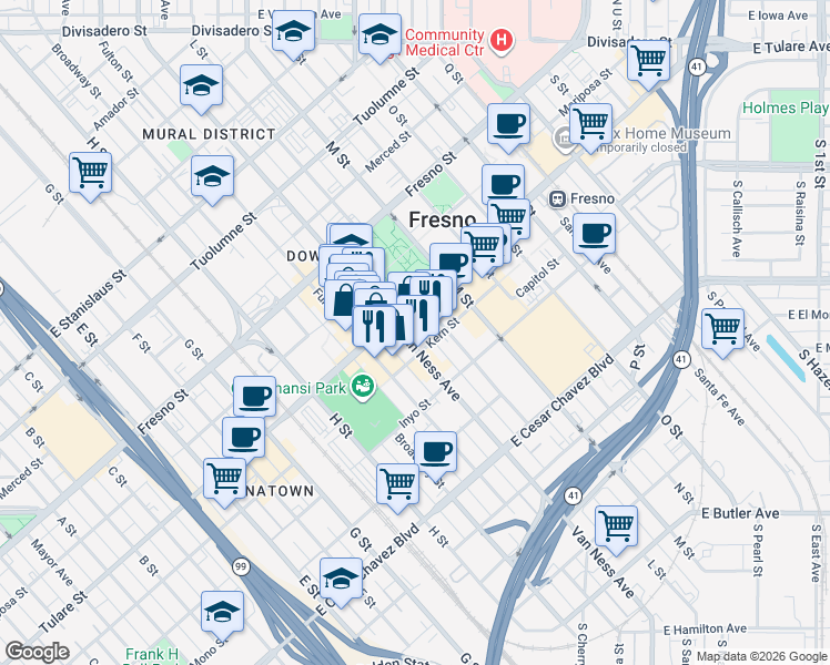 map of restaurants, bars, coffee shops, grocery stores, and more near 2150 Tulare Street in Fresno