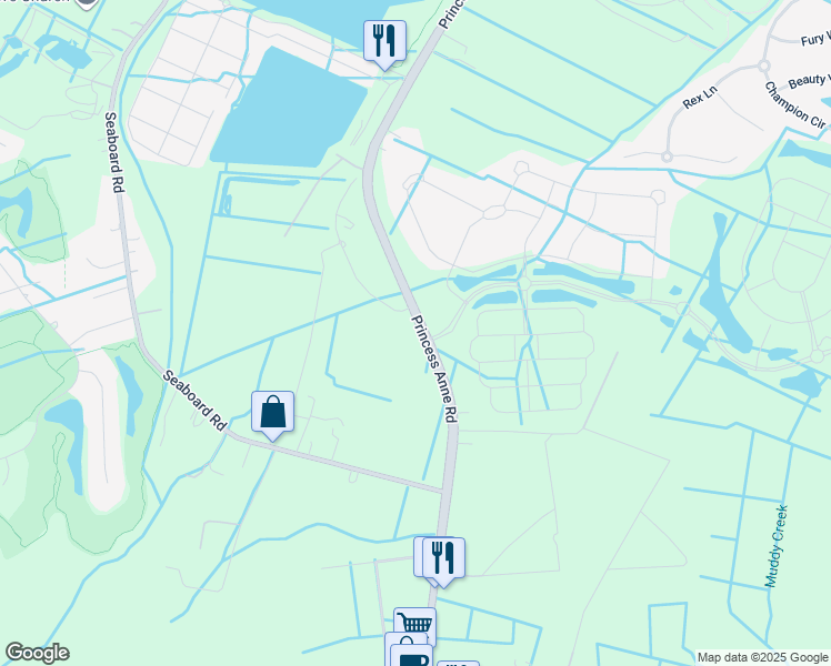 map of restaurants, bars, coffee shops, grocery stores, and more near 1933 Princess Anne Road in Virginia Beach