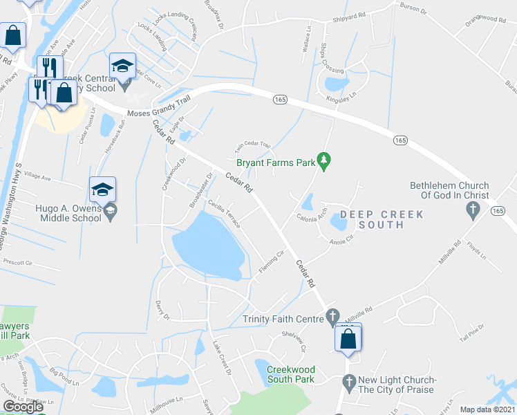 map of restaurants, bars, coffee shops, grocery stores, and more near 313 Mobile Drive in Chesapeake