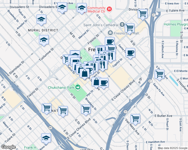 map of restaurants, bars, coffee shops, grocery stores, and more near 2220 Tulare Street in Fresno