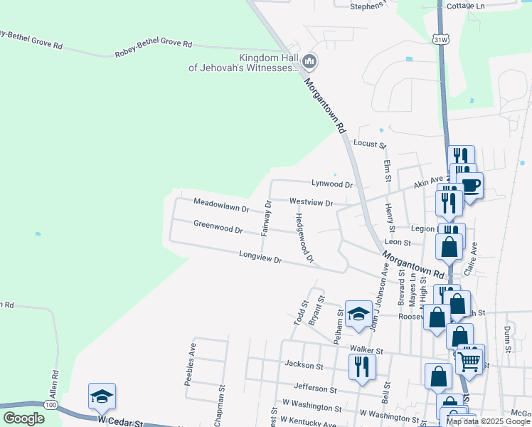 map of restaurants, bars, coffee shops, grocery stores, and more near 598 Meadowlawn Dr in Franklin