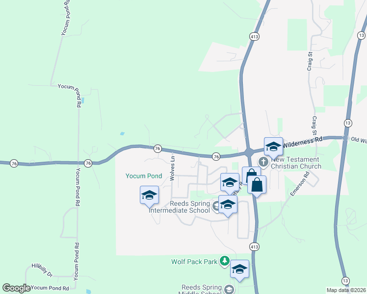 map of restaurants, bars, coffee shops, grocery stores, and more near Rockytop Way in Reeds Spring