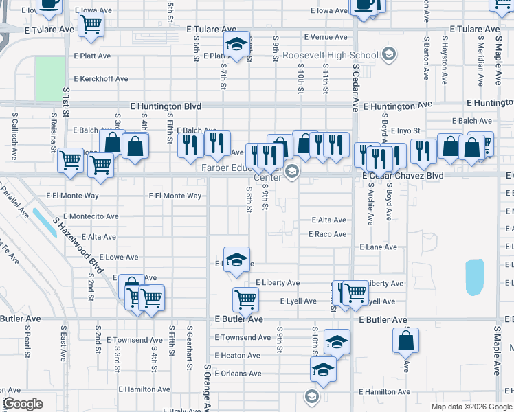 map of restaurants, bars, coffee shops, grocery stores, and more near 807 South 9th Street in Fresno
