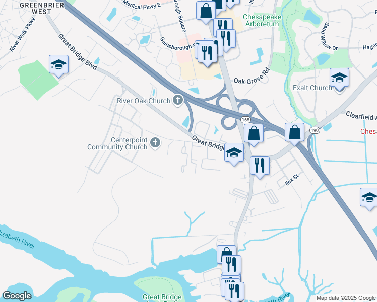 map of restaurants, bars, coffee shops, grocery stores, and more near 124 Fairwind Drive in Chesapeake
