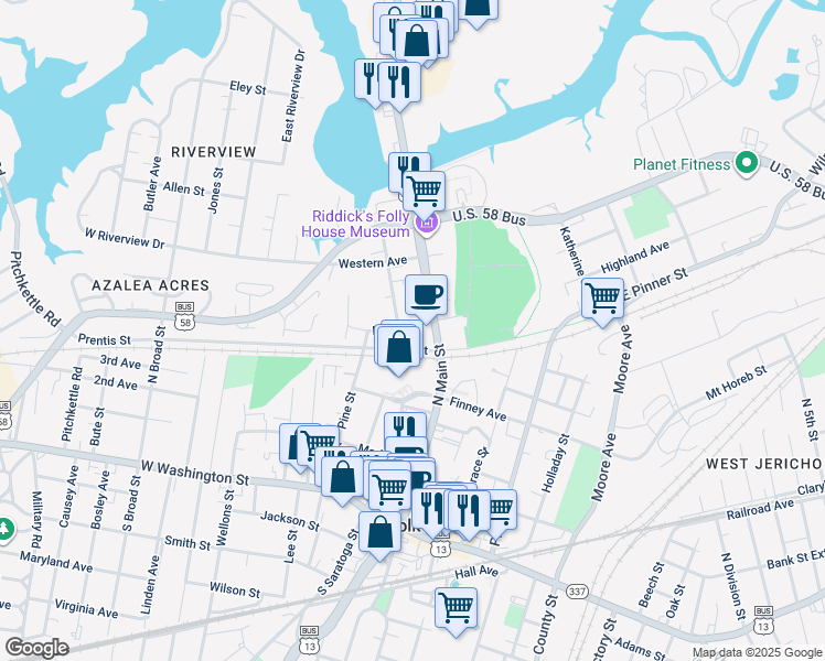 map of restaurants, bars, coffee shops, grocery stores, and more near 115 Mahan Street in Suffolk