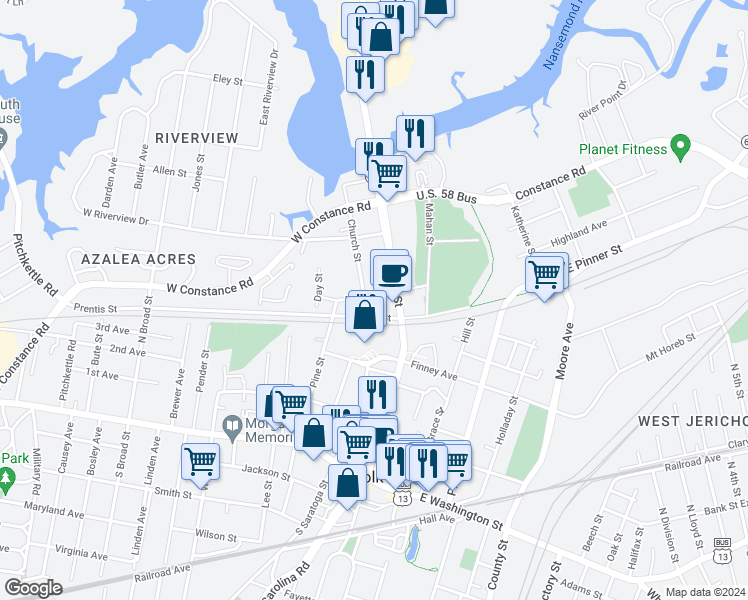 map of restaurants, bars, coffee shops, grocery stores, and more near 409 North Main Street in Suffolk