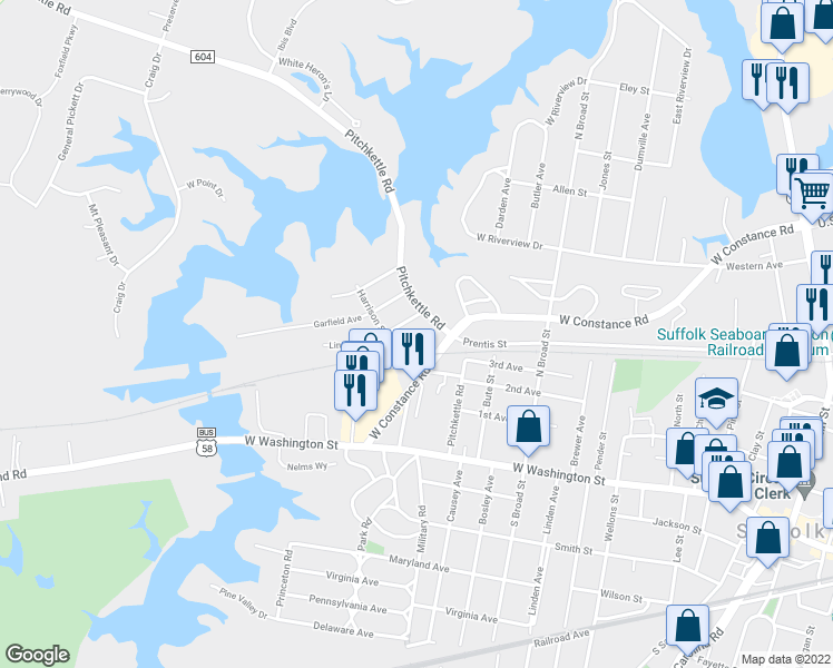 map of restaurants, bars, coffee shops, grocery stores, and more near 111 Musket Circle in Suffolk