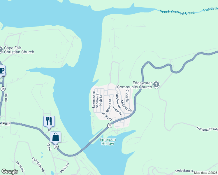 map of restaurants, bars, coffee shops, grocery stores, and more near 64 Peach Tree Drive in Cape Fair