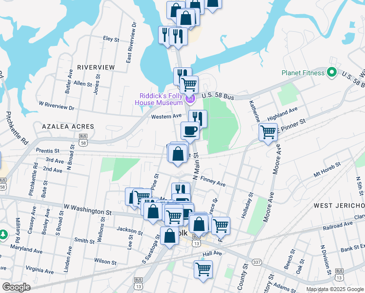 map of restaurants, bars, coffee shops, grocery stores, and more near 117 Mahan Street in Suffolk