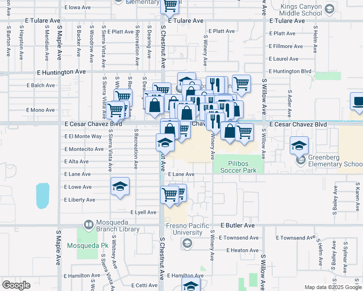 map of restaurants, bars, coffee shops, grocery stores, and more near 4838 East Kings Canyon Road in Fresno