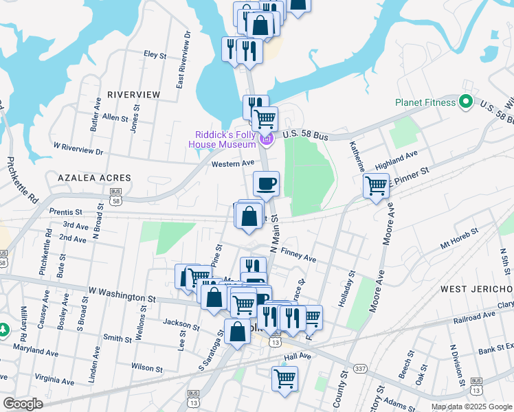 map of restaurants, bars, coffee shops, grocery stores, and more near 117 Mahan Street in Suffolk