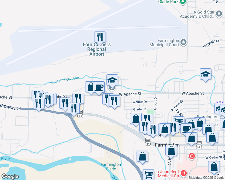 map of restaurants, bars, coffee shops, grocery stores, and more near 1220 West Apache Street in Farmington