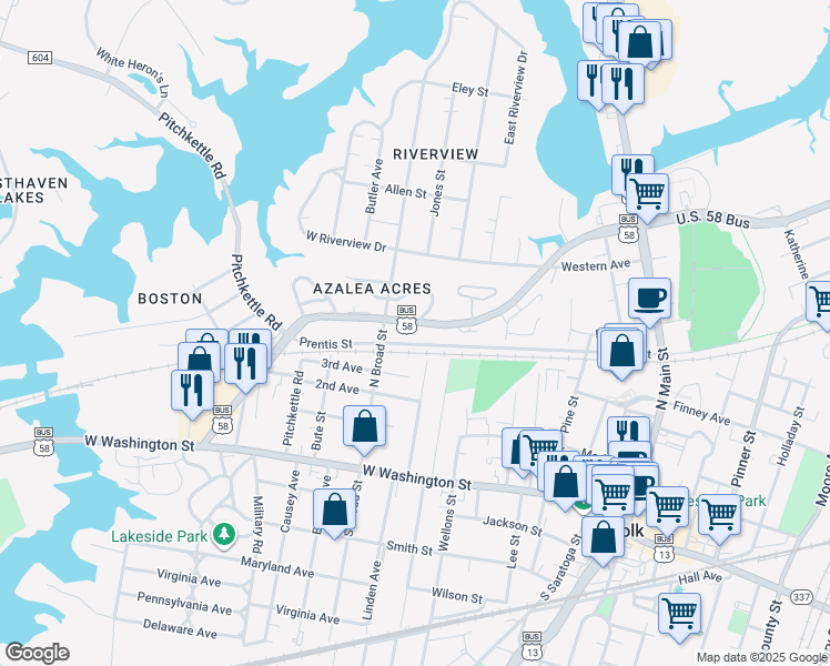 map of restaurants, bars, coffee shops, grocery stores, and more near 501 West Constance Road in Suffolk