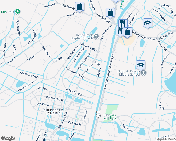 map of restaurants, bars, coffee shops, grocery stores, and more near 3124 White Tail Court in Chesapeake