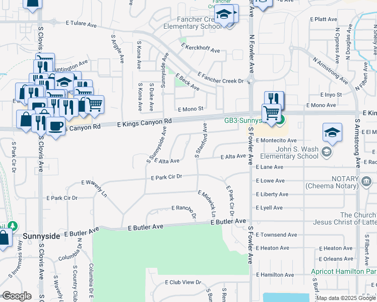 map of restaurants, bars, coffee shops, grocery stores, and more near 925 South Purdue Avenue in Fresno