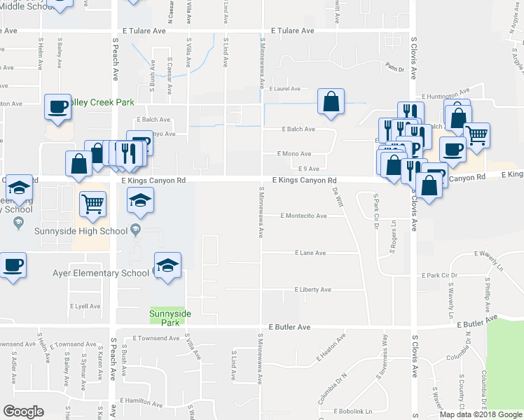 map of restaurants, bars, coffee shops, grocery stores, and more near 861 South Minnewawa Avenue in Fresno