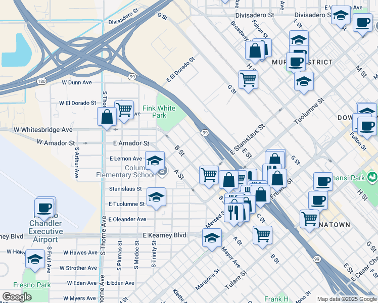 map of restaurants, bars, coffee shops, grocery stores, and more near 1622 B Street in Fresno