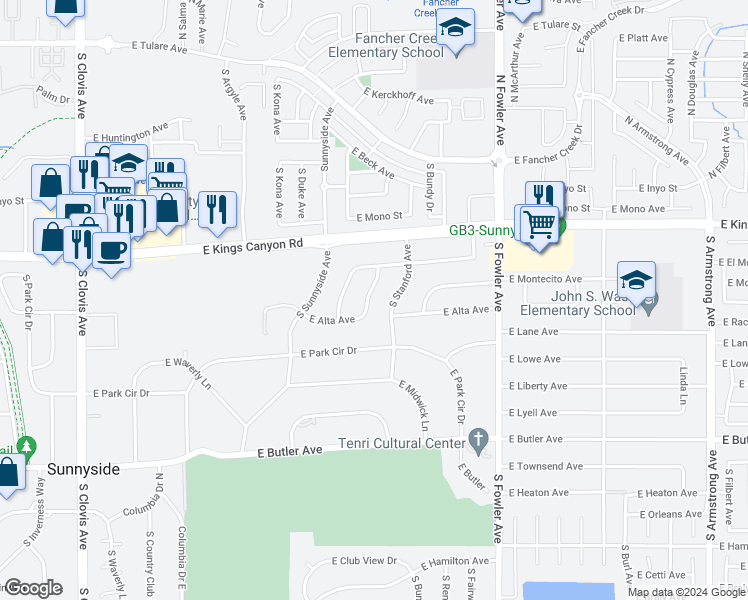 map of restaurants, bars, coffee shops, grocery stores, and more near 925 South Purdue Avenue in Fresno