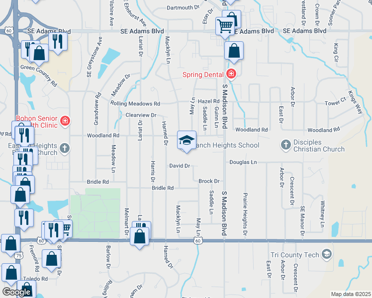 map of restaurants, bars, coffee shops, grocery stores, and more near 5100 David Drive in Bartlesville