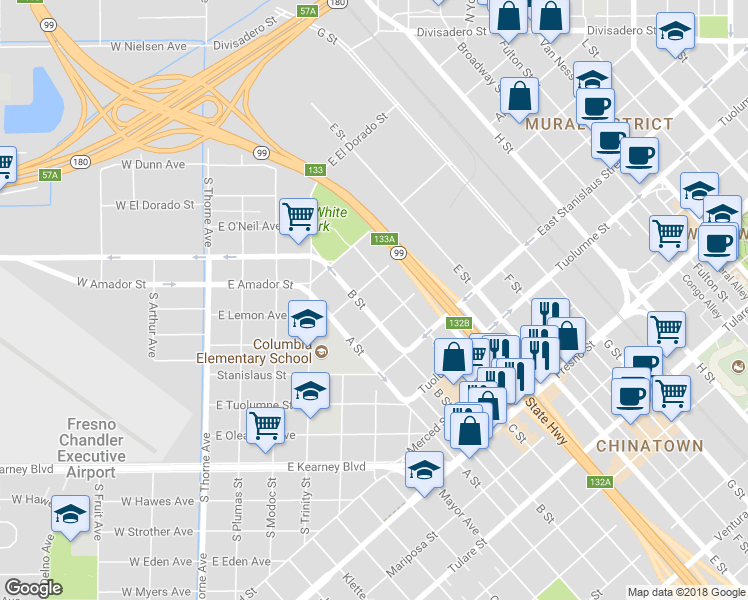 map of restaurants, bars, coffee shops, grocery stores, and more near 1622 B Street in Fresno