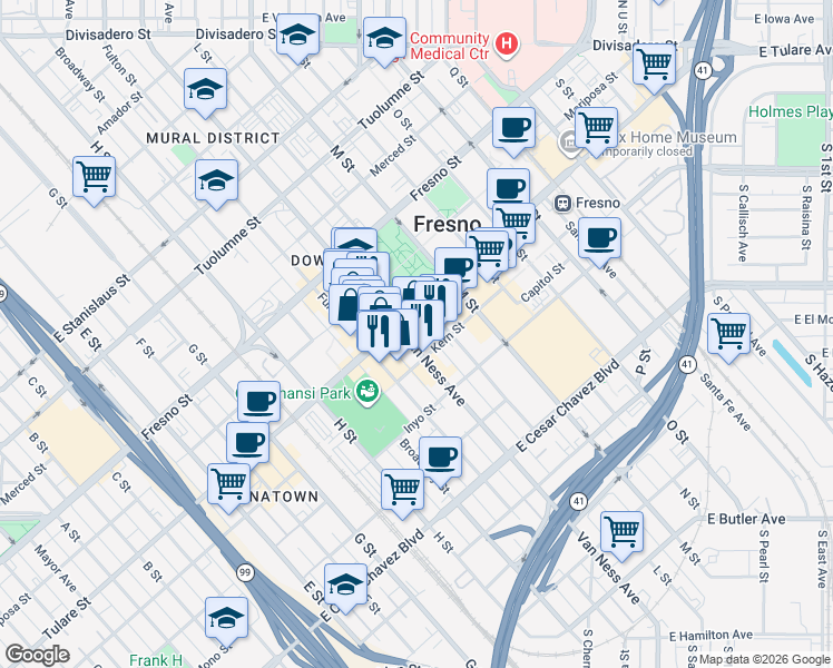 map of restaurants, bars, coffee shops, grocery stores, and more near 2150 Tulare Street in Fresno