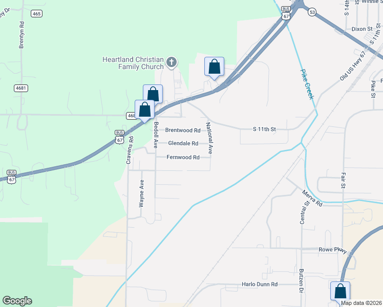 map of restaurants, bars, coffee shops, grocery stores, and more near 1948 Glendale Road in Poplar Bluff