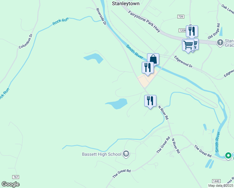 map of restaurants, bars, coffee shops, grocery stores, and more near 405 Riverside Drive in Bassett
