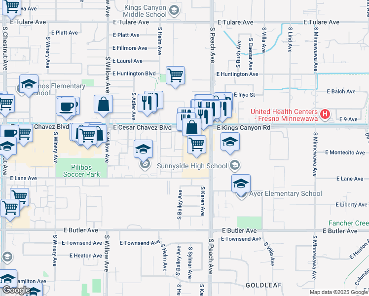 map of restaurants, bars, coffee shops, grocery stores, and more near 5140 East Cesar Chavez Boulevard in Fresno