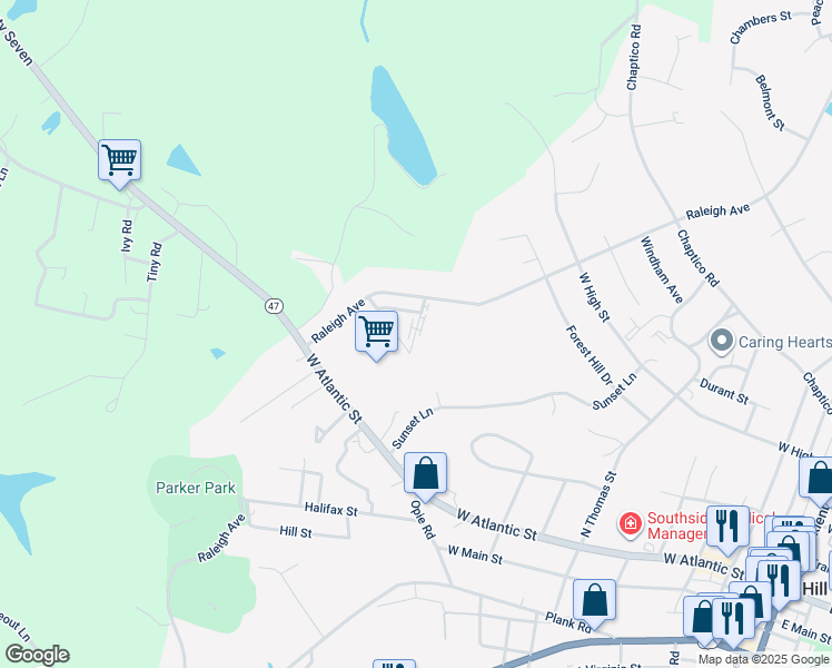 map of restaurants, bars, coffee shops, grocery stores, and more near 128 Brookside Lane in South Hill