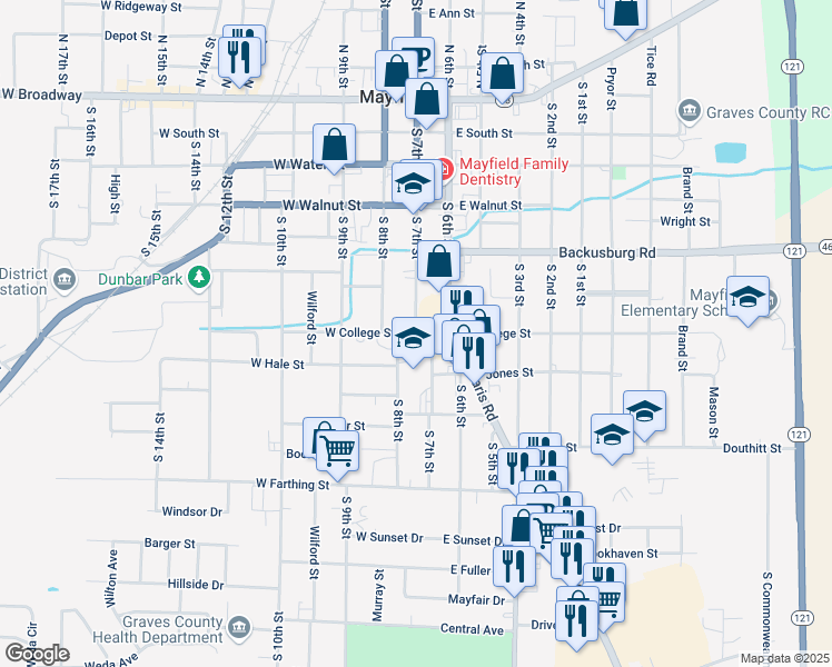 map of restaurants, bars, coffee shops, grocery stores, and more near 112 West College Street in Mayfield