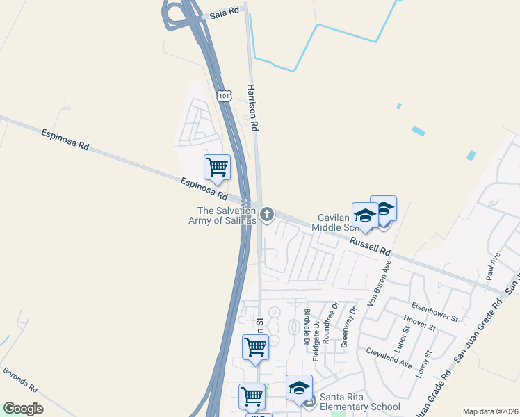 map of restaurants, bars, coffee shops, grocery stores, and more near North Main Street & Russell Road in Salinas