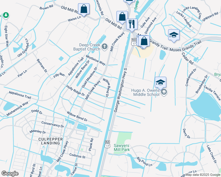 map of restaurants, bars, coffee shops, grocery stores, and more near 420 Willow Bend Drive in Chesapeake