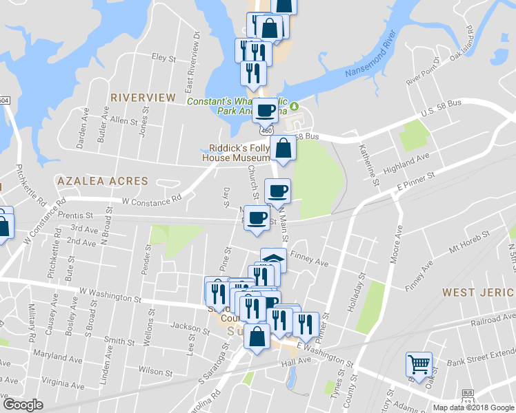 map of restaurants, bars, coffee shops, grocery stores, and more near 2 Church Street in Suffolk