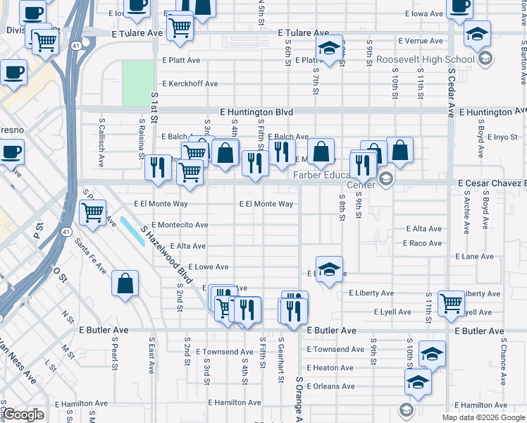 map of restaurants, bars, coffee shops, grocery stores, and more near 3464 East Cesar Chavez Boulevard in Fresno