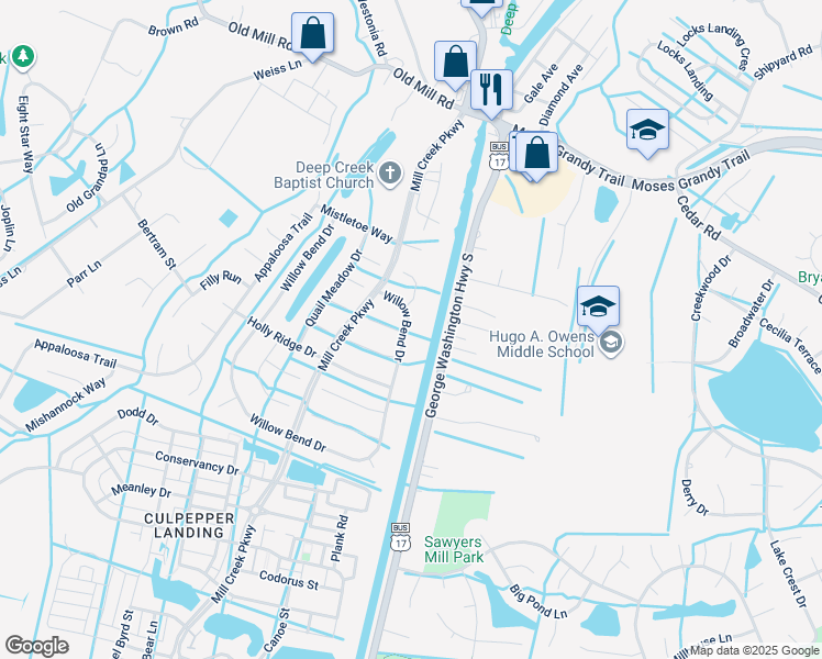 map of restaurants, bars, coffee shops, grocery stores, and more near 420 Willow Bend Drive in Chesapeake