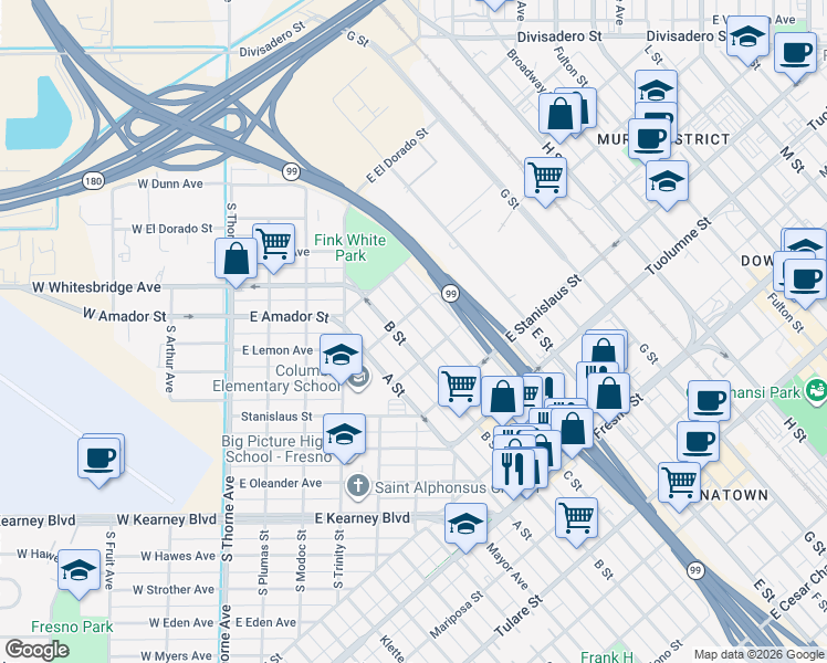 map of restaurants, bars, coffee shops, grocery stores, and more near 1624 B Street in Fresno