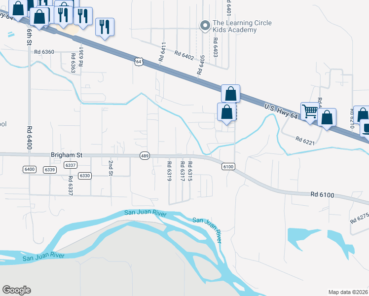 map of restaurants, bars, coffee shops, grocery stores, and more near 3 Road 6345 in Kirtland