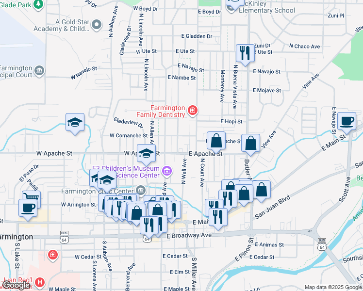 map of restaurants, bars, coffee shops, grocery stores, and more near 516 North Wall Avenue in Farmington