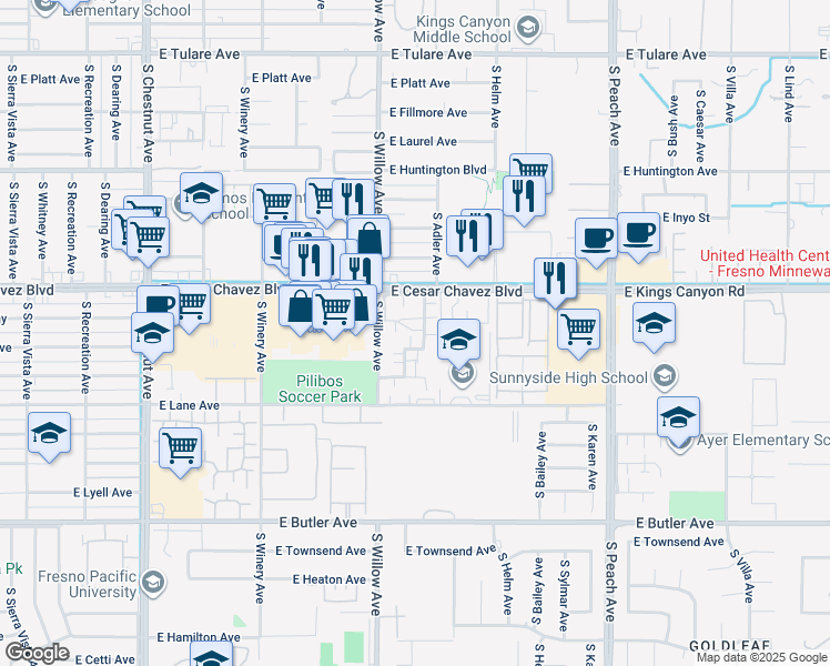 map of restaurants, bars, coffee shops, grocery stores, and more near 757 South Adler Avenue in Fresno